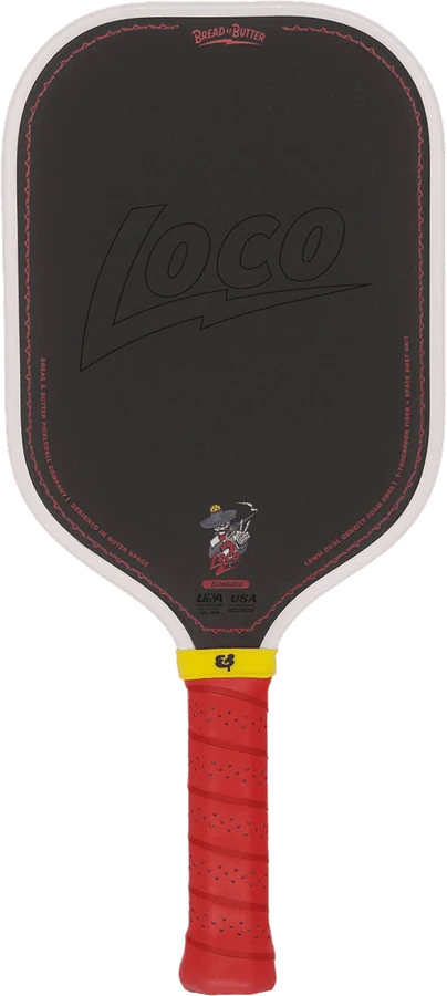 Bread & Butter Loco 2 elongated paddle, black face with red Loco script, white edge guard and red grip