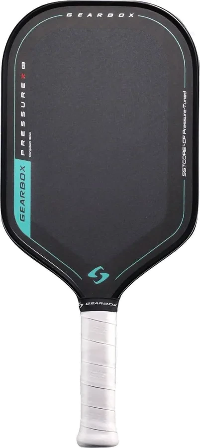 Gearbox Pressure X 8M, 16mm Elongated+ carbon paddle with teal accents and a white grip