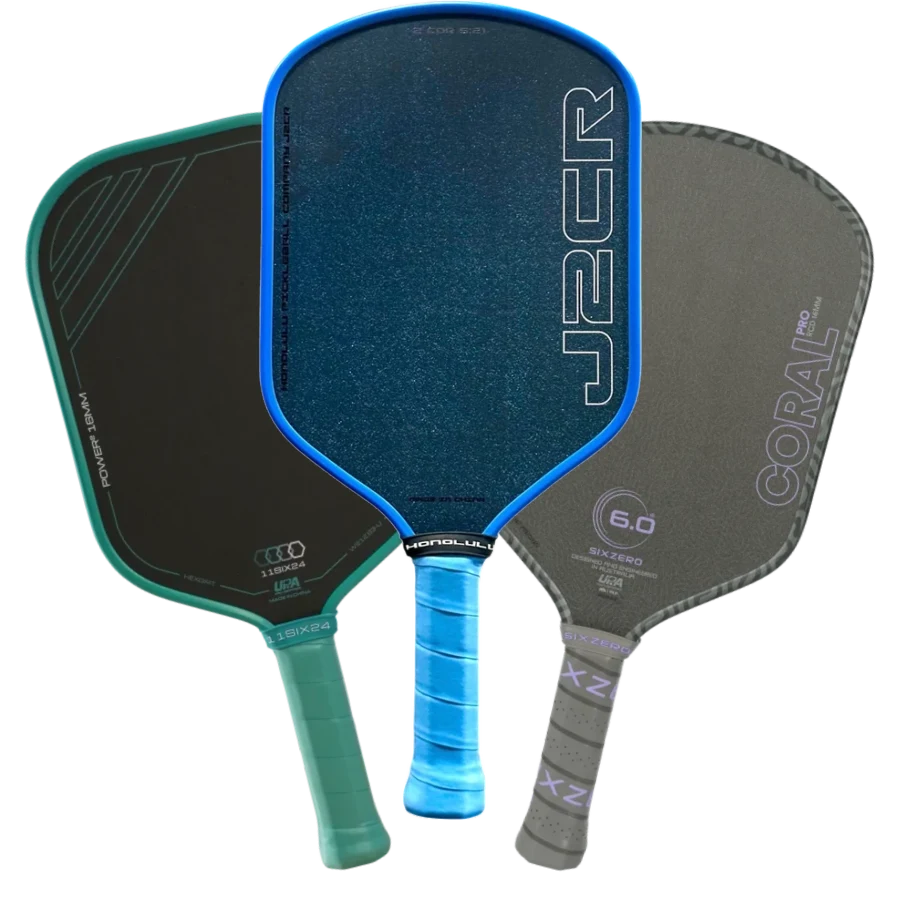 Three Tier 1 durable-grit paddles fanned out: the 11SIX24 Power 2 Ultré, the Honolulu J2CR Crystal Blue and the Six Zero Coral Pro