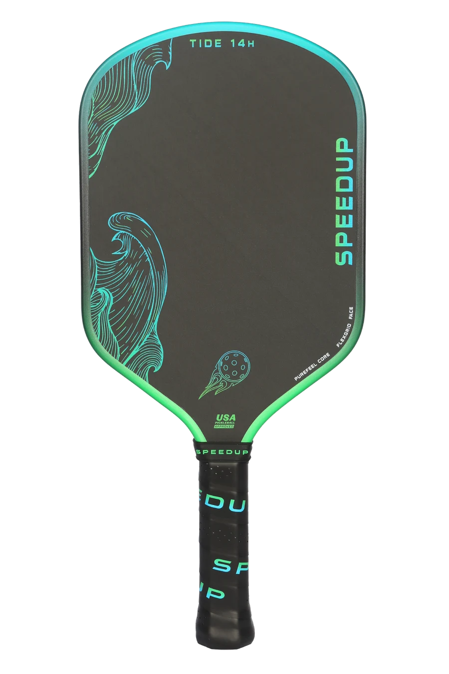 Speedup Tide 14H — black face with teal wave artwork and green-to-teal gradient edge